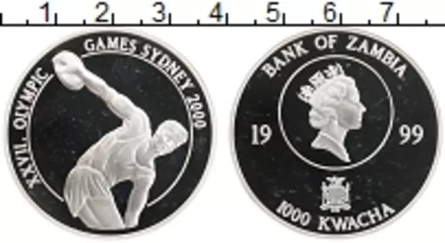 Монета 1000 квач Замбии 1999 года Серебро Олимпийские игры в Сиднее