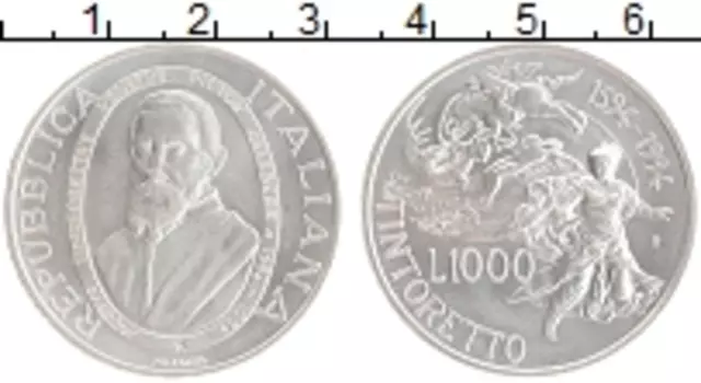 Монета 1000 лир Италии 1994 года Серебро 400 лет со дня смерти Тинторетто