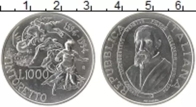 Монета 1000 лир Италии 1994 года Серебро Якопо Тинторетто(1518-1594)