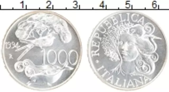 Монета 1000 лир Италии 1994 года Серебро Защита дикой природы