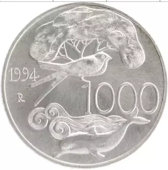 Монета 1000 лир Италии 1994 года Серебро Защита дикой природы