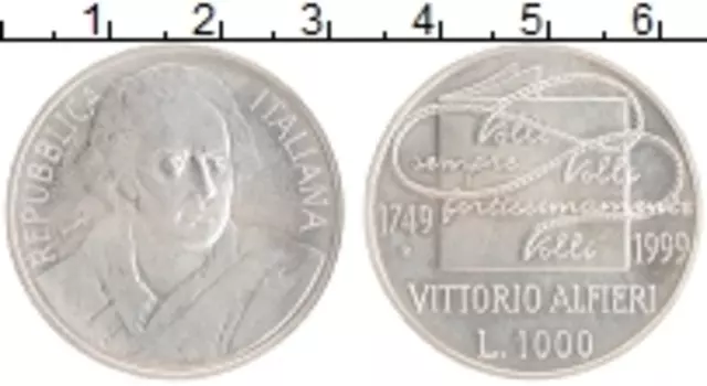 Монета 1000 лир Италии 1999 года Серебро 250 лет со дня рождения Витторио Альфьери