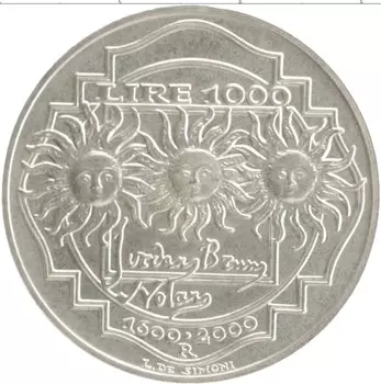 Монета 1000 лир Италии 2000 года Серебро 400 лет со дня смерти Джордано Бруно