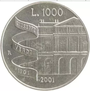 Монета 1000 лир Италии 2001 года Серебро 100 лет со дня смерти Джузеппе Верди