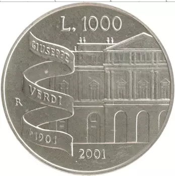 Монета 1000 лир Италии 2001 года Серебро 100 лет со дня смерти Джузеппе Верди