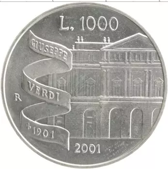 Монета 1000 лир Италии 2001 года Серебро 100 лет со дня смерти Джузеппе Верди