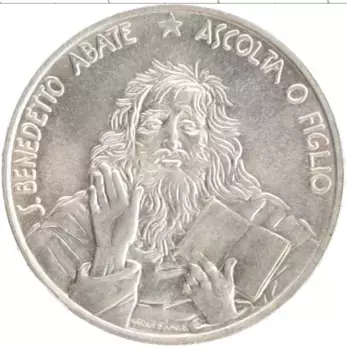 Монета 1000 лир Сан-Марино 1980 года Серебро 1500 лет со дня рождения Святого Бенедикта Нурсийского