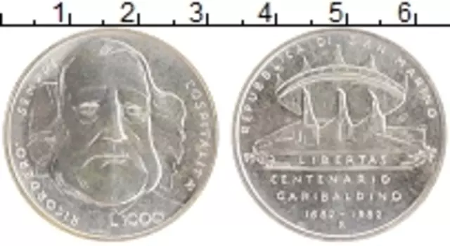 Монета 1000 лир Сан-Марино 1982 года Серебро 100 лет со дня смерти Джузеппе Гарибальди