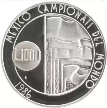 Монета 1000 лир Сан-Марино 1986 года Серебро Чемпионат Мира по футболу Мексика-1986