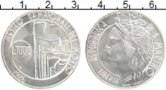 Монета 1000 лир Сан-Марино 1986 года Серебро Чемпионат мира по футболу в Мексике