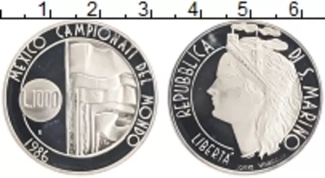 Монета 1000 лир Сан-Марино 1986 года Серебро Чемпионат мира по футболу в Мексике