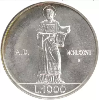 Монета 1000 лир Сан-Марино 1987 года Серебро 15 лет Возобновления чеканки монет