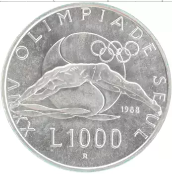 Монета 1000 лир Сан-Марино 1988 года Серебро Олимпиада 1988 в Сеуле