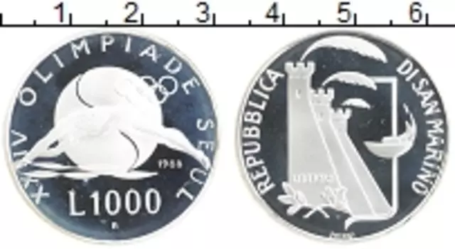 Монета 1000 лир Сан-Марино 1988 года Серебро Олимпиада 88