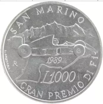 Монета 1000 лир Сан-Марино 1989 года Серебро Гран-при Сан-Марино