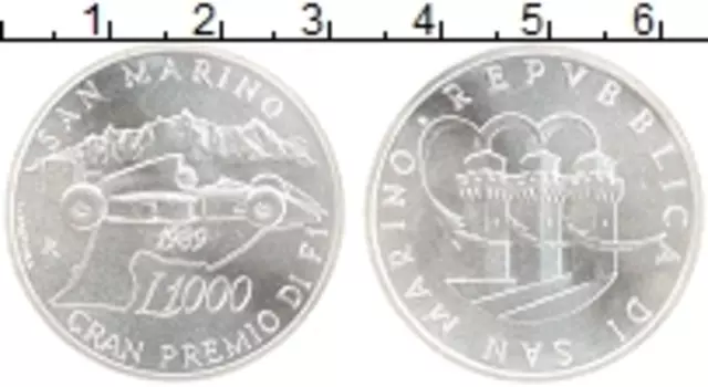 Монета 1000 лир Сан-Марино 1989 года Серебро Гран-при Сан-Марино Формула-1