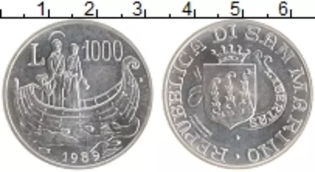 Монета 1000 лир Сан-Марино 1989 года Серебро Святые в лодке