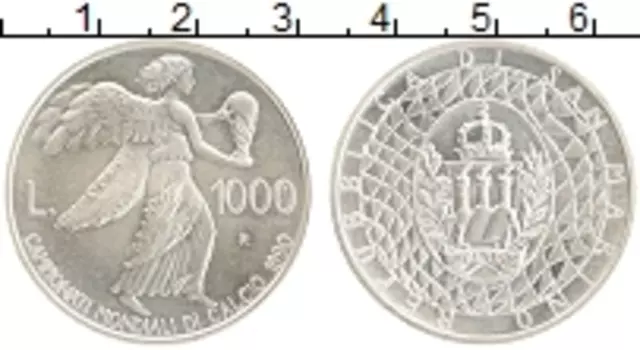 Монета 1000 лир Сан-Марино 1990 года Серебро Чемпионат мира по футболу