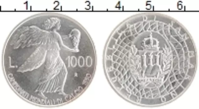 Монета 1000 лир Сан-Марино 1990 года Серебро Чемпионат мира по футболу