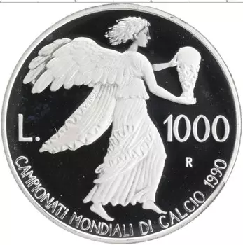 Монета 1000 лир Сан-Марино 1990 года Серебро Чемпионат мира по футболу