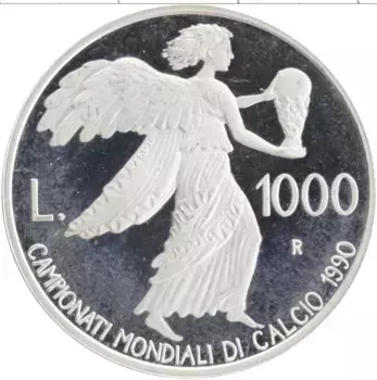 Монета 1000 лир Сан-Марино 1990 года Серебро Чемпионат мира по футболу