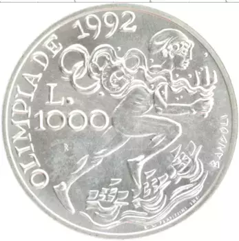 Монета 1000 лир Сан-Марино 1991 года Серебро XXV Летние олимпийские игры в Барселоне