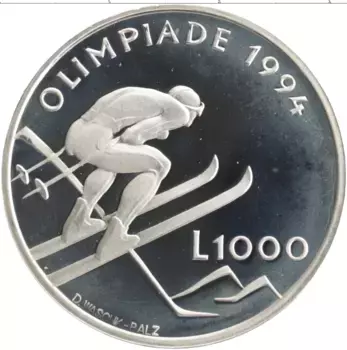 Монета 1000 лир Сан-Марино 1994 года Серебро Олимпийские игры 1994