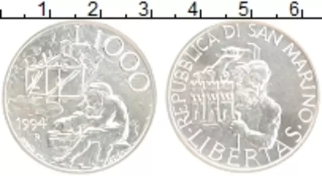 Монета 1000 лир Сан-Марино 1994 года Серебро Строительство первой церкви