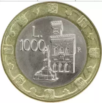 Монета 1000 лир Сан-Марино 1997 года Биметалл Лев