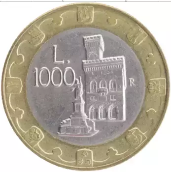 Монета 1000 лир Сан-Марино 1997 года Биметалл