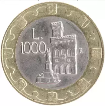 Монета 1000 лир Сан-Марино 1997 года Биметалл