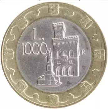 Монета 1000 лир Сан-Марино 1997 года Биметалл