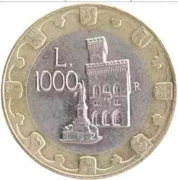Монета 1000 лир Сан-Марино 1997 года Биметалл