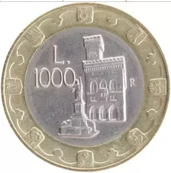 Монета 1000 лир Сан-Марино 1997 года Биметалл