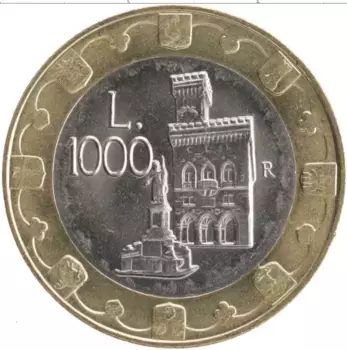 Монета 1000 лир Сан-Марино 1997 года Биметалл