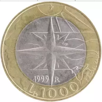 Монета 1000 лир Сан-Марино 1999 года Биметалл Роза ветров