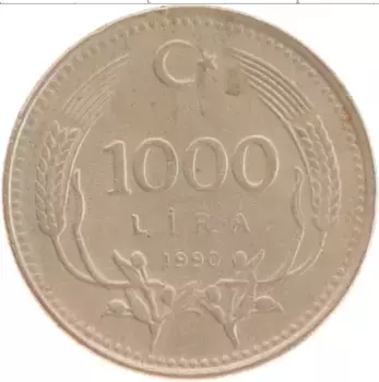 Монета 1000 лир Турции 1990 года Латунь Кемаль Ататюрк