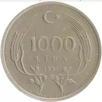 Монета 1000 лир Турции 1991 года Медно-никель Кемаль Ататюрк