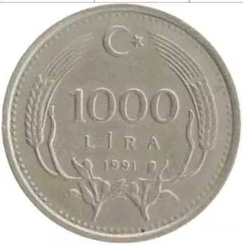 Монета 1000 лир Турции 1991 года Медно-никель Кемаль Ататюрк