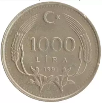 Монета 1000 лир Турции 1991 года Медно-никель Кемаль Ататюрк