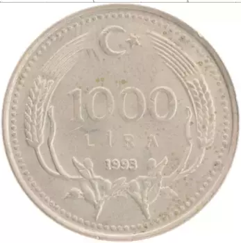 Монета 1000 лир Турции 1993 года Медно-никель