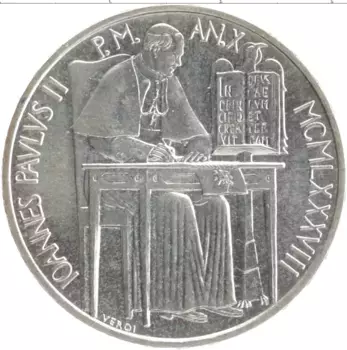 Монета 1000 лир Ватикана 1988 года Серебро Иоанн Павел II