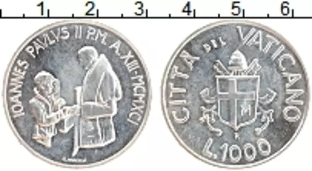 Монета 1000 лир Ватикана 1991 года Серебро Иоанн Павел II