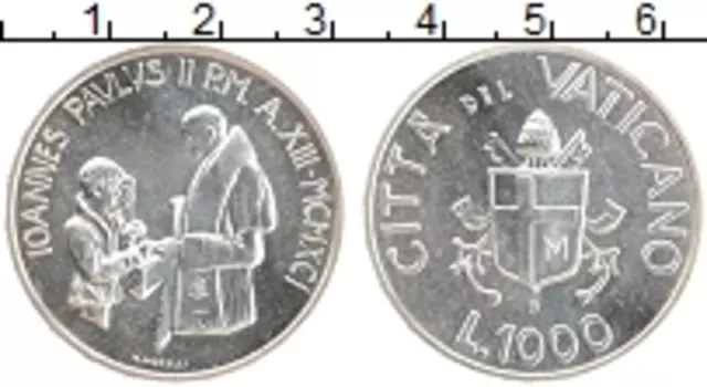 Монета 1000 лир Ватикана 1991 года Серебро Иоанн Павел II