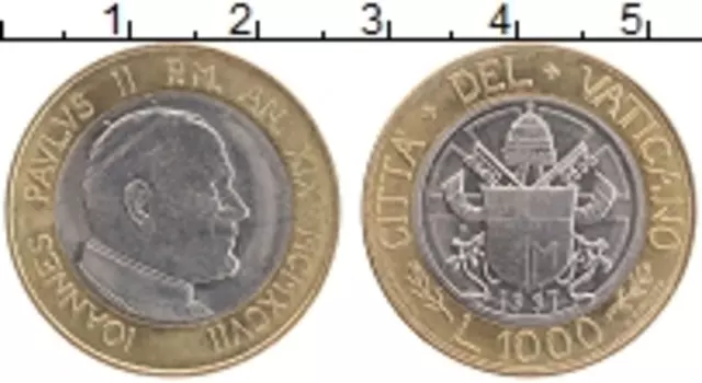Монета 1000 лир Ватикана 1997 года Биметалл Иоанн Павел II