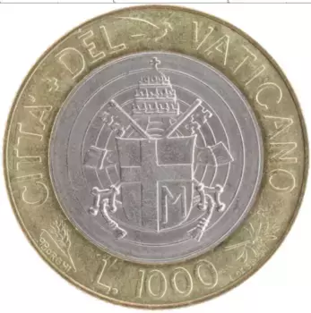 Монета 1000 лир Ватикана 1998 года Биметалл Иоанн Павел II