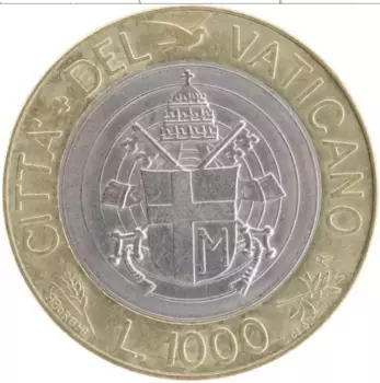 Монета 1000 лир Ватикана 1998 года Биметалл Иоанн Павел II
