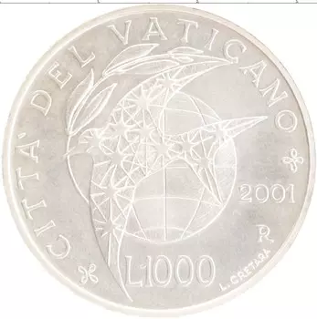 Монета 1000 лир Ватикана 2001 года Серебро Иоанн Павел II