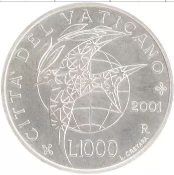 Монета 1000 лир Ватикана 2001 года Серебро Иоанн Павел II
