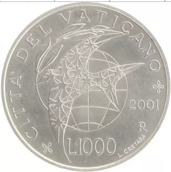 Монета 1000 лир Ватикана 2001 года Серебро Мир